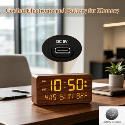 Premium Wooden Digital Alarm Clock with USB Charging Ports, Dimmable LED Display, Date, Day of Week, Temperature, DST, Clocks for Bedrooms, Desk, Nightstand, Bedside, Table, Office, Living Room Decor - color: Rectangle - Brown