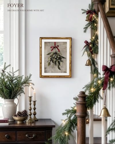 InSimSea Gold Bamboo Framed Christmas Wall Art, Retro Mistletoe, 11x14In - color: Christmas Mistletoe