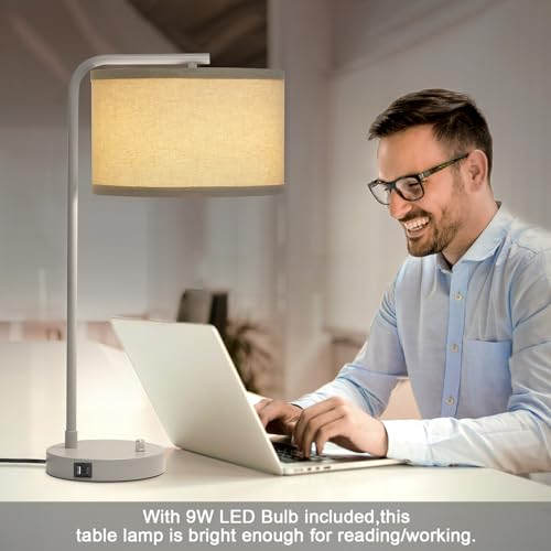 25" Tall Table Lamp with USB C+A Ports, Fully Dimmable Nightstand Lamp - color: Gray