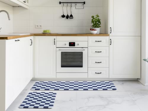 Ohocut Navy Blue Checkered Kitchen Mats for Floor Set of 2, 2 Pcs Cushioned Non Slip Runner Rugs for Kitchen/Sink/Laundry, Comfort Aesthetic Cute Anti-Fatigue Foam Floor Mat 17.3"x29.5"+17.3"x47.2" - color: Navy