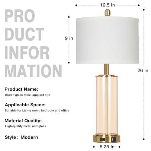 Ruzectt 26" Glass Table Lamp Single, 3-Way Dimmable Touch Control Living Room Lamp with USB C+A Ports & AC Outlet, Modern Bedside Lamps, Bedroom Lamps for Nightstand Side End Table Desk, Brown-1PK - color: Brown-1PK