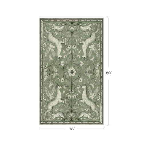 Lahome 3x5 Washable Area Rug for Bedroom, Woodland Deer Boho Animal Rug, Vintage Botanical Green Non-Slip Low Pile Small Carpet for Bathroom Kitchen Entryway Hallway Farmhouse Decor - color: Green, size: 3' x 5' (Rectangular)
