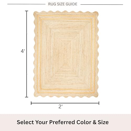 Wave Scalloped Jute Rug Entryway Natural Boho Area Rug Yellow 2'x4' - color: Yellow, size: 2'x4'