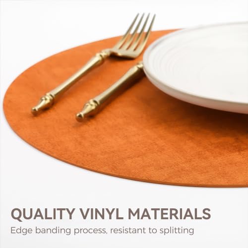 13" Round Placemats Set of 6, Reversible Faux Leather Wipeable Table Mats - color: Orange