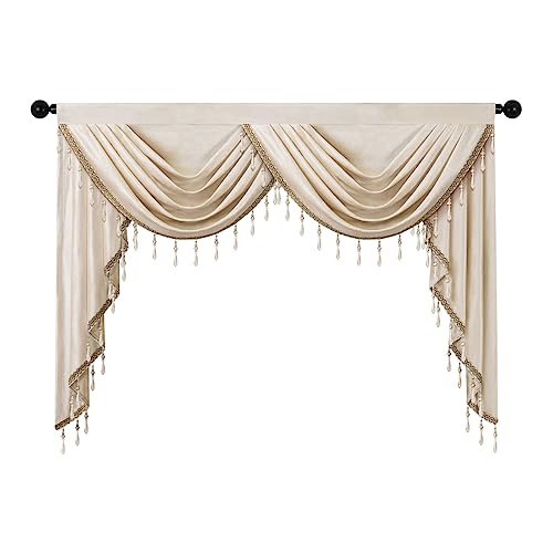 ELKCA Luxury Cream Velvet Curtain Valances for Living Room with Beads(59inch,1 Panel) - color: Cream, size: 59"W x 43"L (Pack of 1)