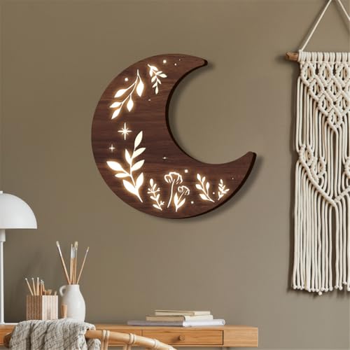 Wooden Moon Phase Wall Art Decor, LED Wood Night Light Wall Sculptures (B) - color: B