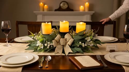 Svndlyn 26 Inch 3 Candle Holder Centerpiece with Greenery and Striped Bow