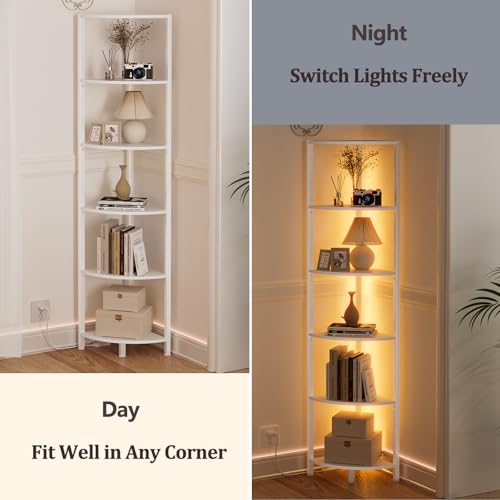 Furnulem 6 Tier Corner Shelf with LED Light, 67.5" White Narrow Bookshelf - color: White