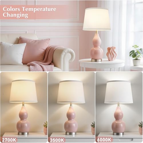 GyroVu 22" Table Lamp Set of 2, Color Temperature Adjustable Double Gourd Ceramic Lamps Classic Nightstand Table Lamps for Bedroom Beside Lamps for Living Room, Pink-Bulbs Included - color: 22.63" Pink Gourd