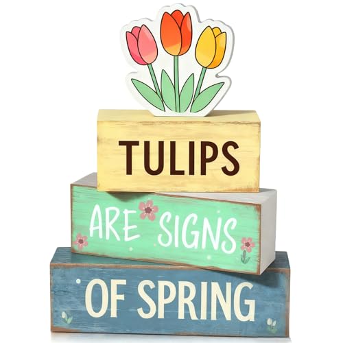 Spring Decoration Wooden Tiered Tray Decor – Tulips Spring Stacked Block Sign with Floral Accent – Farmhouse Tabletop Spring Decor for Shelf Mantel Seasonal Home Display - style: Tulips