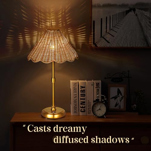 Cordless Boho Rattan Table lamp, 5200-mAh Rechargeable Battery, 3-level Brightness Dimmable, Build-in Integrated LED 320 Lumen Max, Rattan Shade, for Bedside Restaurant Resort Hotel Dining Table - color: 16'' Tall Gold