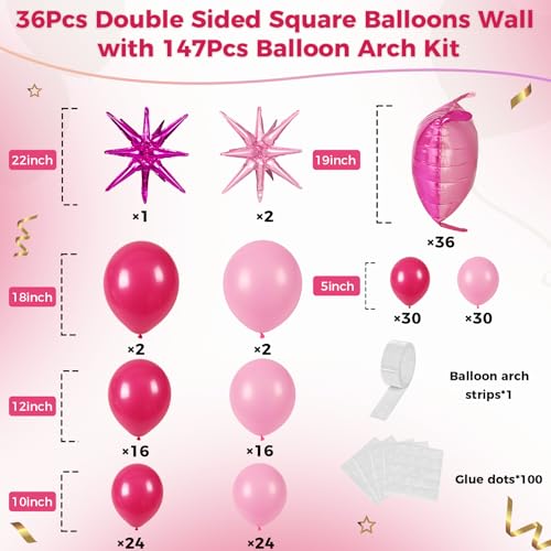 36pcs Hot Pink and Pink Square Foil Balloons Wall Backdrop with 147pcs Balloon Garland Arch Kit, Double Sided Balloon Tunnel for Anniversary Bachelorette Birthday Valentines Party Decorations - color: Pink and Hot Pink