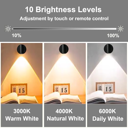 Black 2 Pack Dimmable LED Lights for Bedroom - Battery Wall Light with 3 Lighting Colors, 350° Rotate, Magnetic and USB Rechargeable Wireless Wall Lights with Remote
