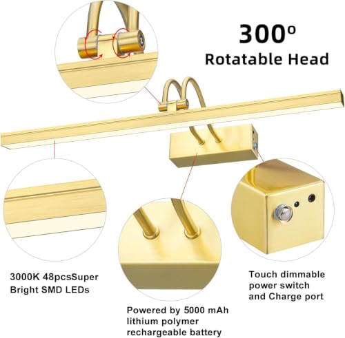 Wireless Picture Light Rechargeable, 16", Brass - color: Brass, size: 16 inches