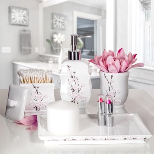 Creative Scents Vanda Bathroom Vanity Tray – Decorative Cherry Blossom White Resin Perfume Tray for Dresser -Small Rectangle Floral Tray for Bathroom Countertop, Perfume, & Dresser Cosmetics Organizer - style: Vanity Tray