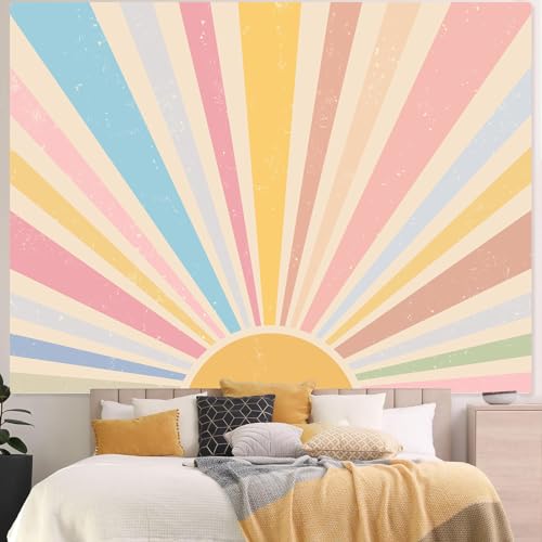 Zussun Boho Sun Tapestry Vintage 70s Sunset Sunrise Tapestries for Bedroom Aesthetic Retro Abstract Art Colorful Rainbow Classroom Tapestry Wall Hanging for Living Room Dorm (48" x 36") - color: Light Yellow, size: 48"L x 36"W