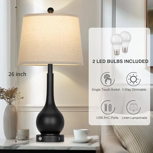 Rinweey 26" Black Table Lamps Set of 2, Touch Control Lamps for Living Room, 3-Way Dimmable Bedroom Bedside Lamps for Nightstands with USB A+C Port (2 LED Bulbs Included) - color: Black (2 Pack)