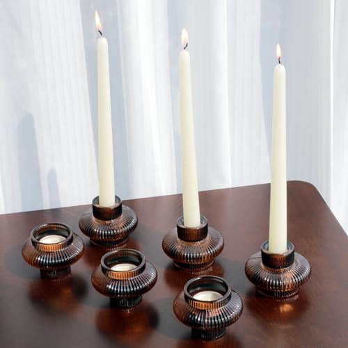 VOHO 6pcs Brown Candlestick Holders, Fall Amber Candle Sticks Holder Decor - color: Brown