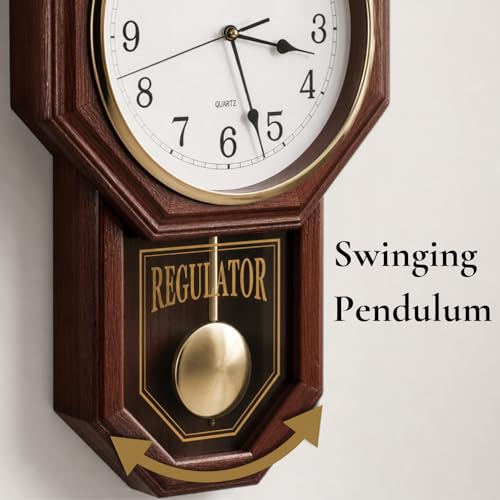 Pendulum Wall Clock, Real Wood Regulator Clock, Quiet, Non-Chiming, Wooden - color: Dark Wood