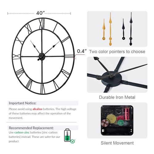 40 Inch Large Silent Wall Clock, Easy Assembly Roman Numeral Black - color: Black Metal Wall Clock, size: 40inch