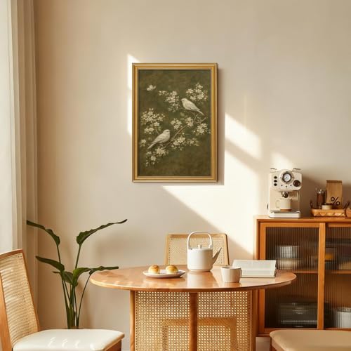 Vintage Gold Framed Bird Wall Art White Floral Botanical Canvas Print Decor - color: bird, size: 24"L x 16"W