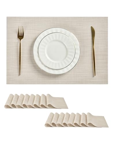 Beige White Placemats Set of 16 - Heat Resistant Non-Slip Place mats for Dining Table, Washable Durable PVC Vinyl Woven Table Mats(Beige White, 16) - color: C1- Beige White, size: Set of 16