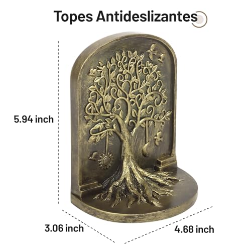 Tree of Life Vintage Heavy Bookends, 2 Unique Bronze Decorative Bookend for Shelves or Bookcase, Anti-Slip Book Shelf Bookends Decorative, Gifts for Mother and Father