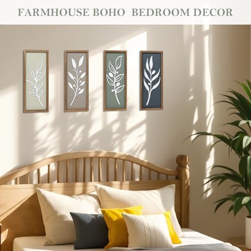 3D Tree Leaf Wooden Framed Boho Wall Art (Set of 4) - color: Multi Colors, size: 7"X16"