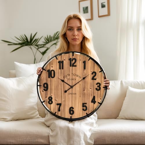 EMAX HOME Large Old Town Farmhouse Wall Clock 20 Inches - Rustic Antique Wood with Metal Circle and Large Numerals Silent Battery Operated Wall Clock for Office Kitchen Bedroom Living Room - color: Brown, size: 20 Inch