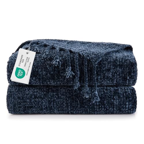 BEDELITE Soft Cozy Chenille Knit Throw Blanket with Tassel,Farmhouse Boho - color: Navy, size: Throw(50"x60")