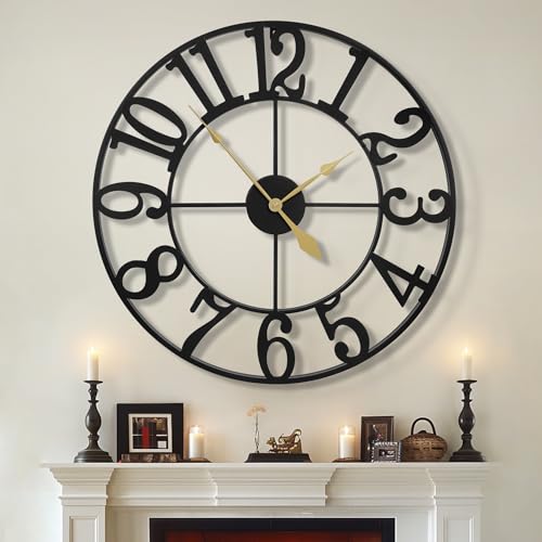 LEIKE 30" Large Wall Clock for Living Room Decor-Modern Big Round Metal Decorative Battery Operated Silent Wall Clock for Bedroom,Dinning Room,Farmhouse,Office (Black,30", Arab Numeral)