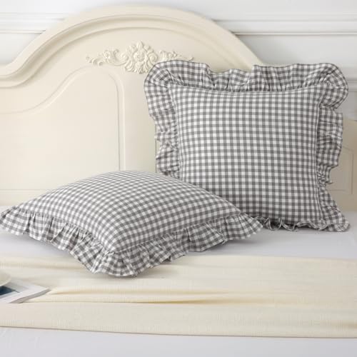 Silnuo 2 Pack Grey/White Plaid Ruffle Throw Pillow Covers Farmhouse Checkered Pillowcases Washed Cotton Gingham Pillow Shams for Bed, Sofa, Living Room-20"x20" - color: Grey/White Plaid, size: 20" x 20" - Set of 2