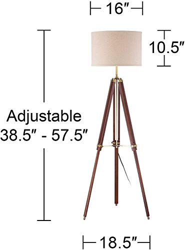 Surveyor Modern Tripod Floor Lamp Cherry Wood Beige Linen Drum Shade For Living Room Reading Bedroom Office Brown