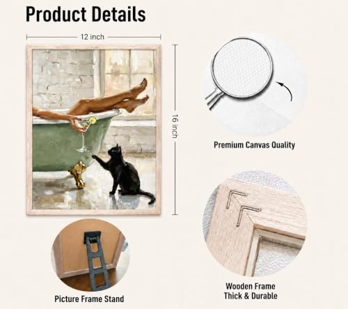 Framed Black Cat Bathtub Canvas Wall Art Poster Prints 12×16In1P Be Hung - color: bathroom-1, size: 12×16in