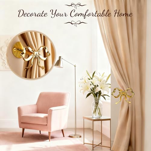 2 Pack Metal Bow Curtain Holdbacks Tiebacks, Wall Mounted Curtain Hooks, Bow Curtain Tiebacks for Living Room Bedroom Office Home, Gold