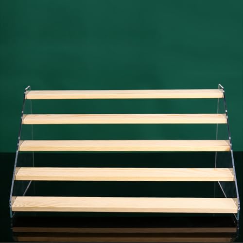 5 Tier Acrylic Wooden Display Stand, Clear Acrylic Display Riser Shelf Wood Tiered Display Shelf Rack Step Ladder Riser Stands for Cupcakes Perfumes Figures Collectibles