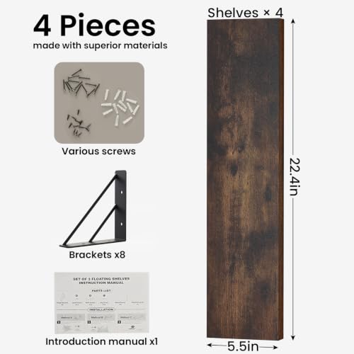 BAYKA 22.4 Inch Long Wall Mounted Floating Shelves (Rustic Brown, Set of 4) - color: C. Rustic Brown Board & Black Brackets, size: 22.4 inches Uniform