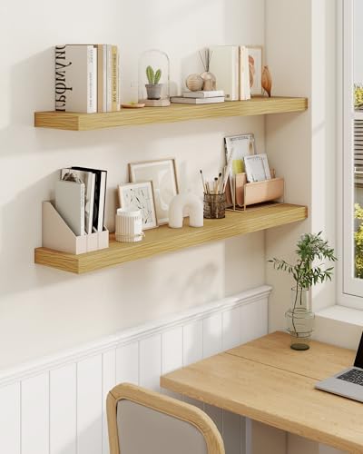 Marsmiles 16" Floating Shelves for Wall, Wooden Shelves with Invisible Brackets Set of 2, Rustic Farmhouse Wall Mounted Shelf for Kitchen Bathroom Living Room Study, Natural Oak - color: Natural Oak, size: 16"