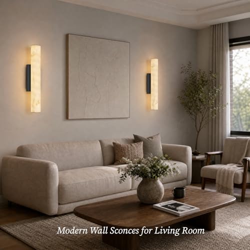 Artisan Alabaster Wall Sconces Set of 2, 20in Matte Black Linear Wall Sconce, Faux Alabaster Vanity Lights, 3000K Dimmable Hardwired Modern Wall Lighting for Bathroom Bedroom Living Room Hallway - color: Black-20in-2Pcs