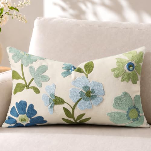 Embroidered Floral Lumbar Pillow Cover 20x12 Inch, Teal Flower - color: Teal Flower, size: 20" x 12" (Pack of 1)