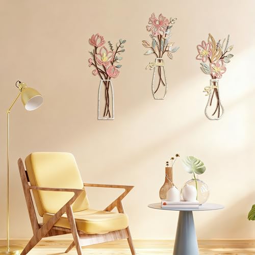 Embewhis Wall Decor Metal Flowers 3pcs, Rustic Farmhouse Flower Sculptures, 13.7" Wall Art Decor, Drill-Free Install Option for Living Room, Kitchen, Bedroom & Bathroom - size: H