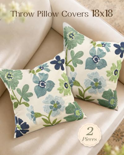 Embroidered Throw Pillow Covers 18x18 Inch, Set of 2, Teal Flower - color: Teal Flower, size: 18" x 18" (Pack of 2)