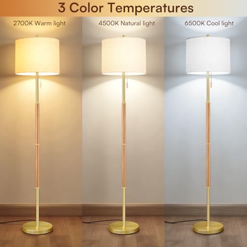 Wood Color Floor Lamp with 13.2" Linen Shade and 3 Colors for Bedroom - color: Natural Wood
