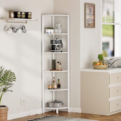 Furnulem 6 Tier Corner Shelf with LED Light, 67.5" White Narrow Bookshelf - color: White