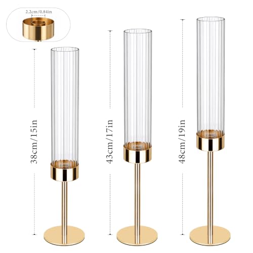 Gold Hurricane Taper Candle Holders,2 Sets(6 Pcs) Brass Candlestick Holders with Ribbed Glass Cylinder, Table Centerpiece Decor for Wedding, Party, Halloween,Christmas & Home Decoration
