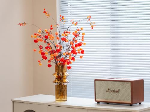 Fall Physalis Branches - 37" Faux Red Berry Stems, fake Flowers for Vase - color: 4pcs Physalis + 2pcs Ficus