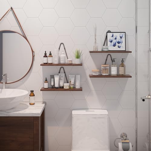 Rustic State Moma Wall Mounted Narrow Decorative Floating Shelves with Triangle Brackets - Picture Ledge, Display for Collectibles Memorabilia Awards Objects Toiletries - Set of 4 - Walnut
