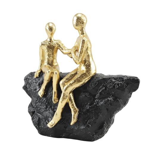 Gold Abstract Couple Sculpture, Romantic Love Statue with Black Base
