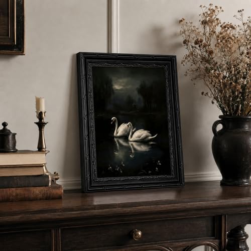 Kofeehic Vintage Framed Dark Moody Swan Wall Art,Gothic Animal Canvas Print Poster, Romantic Dark Academia Swan Love Lake Painting Artwork,Victorian Cottagecore Wall Decor for Home Bedroom 9x11in - color: Framed-Swan, size: 11"L x 9"W