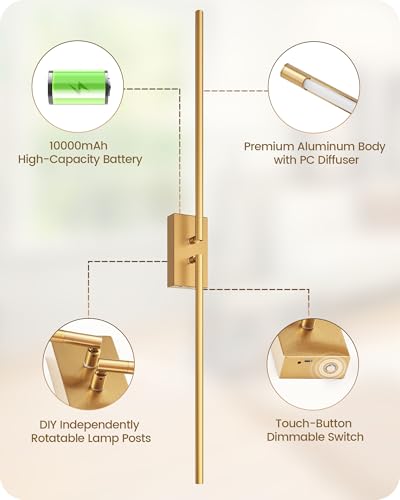 38.6" Wireless Battery Operated Wall Sconces Set of Two,Rechargeable Lamp with Remote, DIY Rotation, 10000mAh Battery, Touch Dimmable Lights for Living Room Hallway Bedroom, Gold D08YBP205 - color: Gold, size: 38.6 Inches
